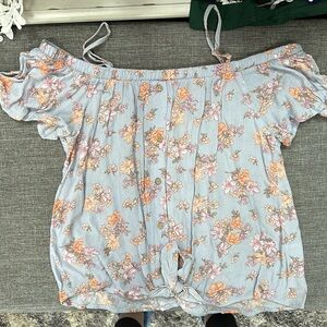 Hippie Rose blue floral off the shoulder tie front top